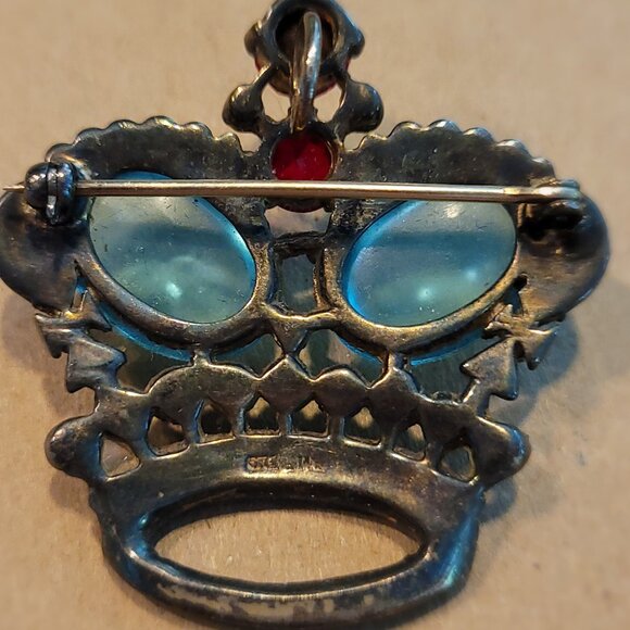 Vintage Sterling Silver Crown Aqua Cabochon and Rhinestone Brooch/Pin - Picture 2 of 4